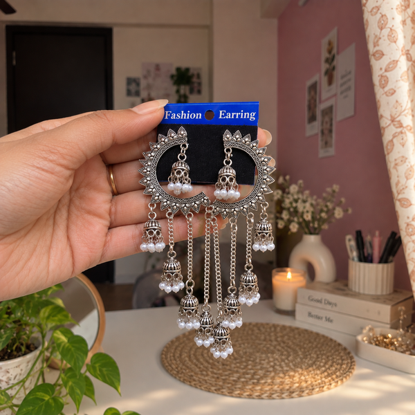 Oxidized Chand Bali Pearl Jhumka Earrings