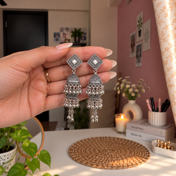 Oxidized Geometric Jhumka Earrings