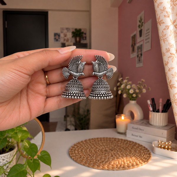 Oxidized Peacock Jhumka Earrings