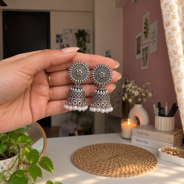 Oxidized Pearl Jhumka Earrings