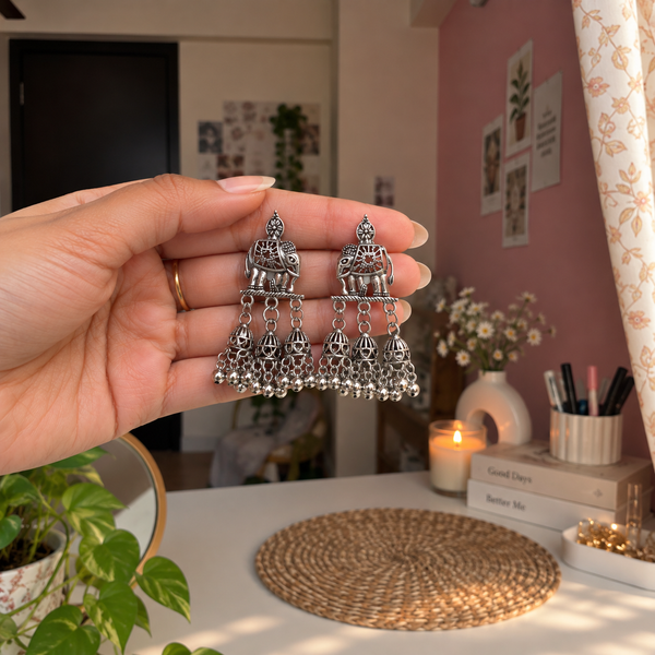Oxidized Elephant Jhumka Earrings