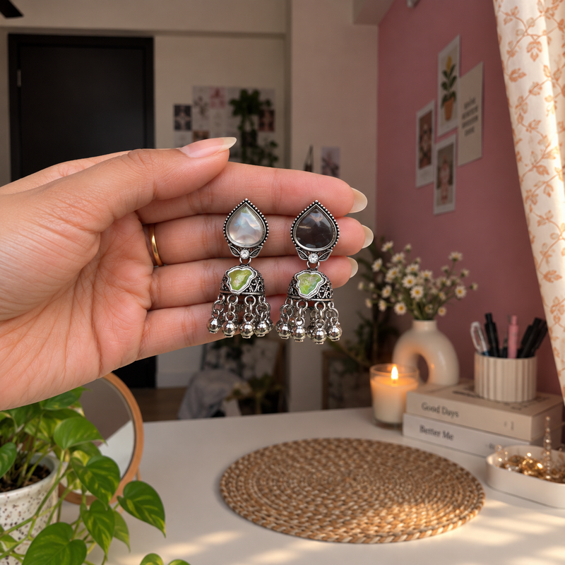 Oxidized Mirror Jhumka Earrings