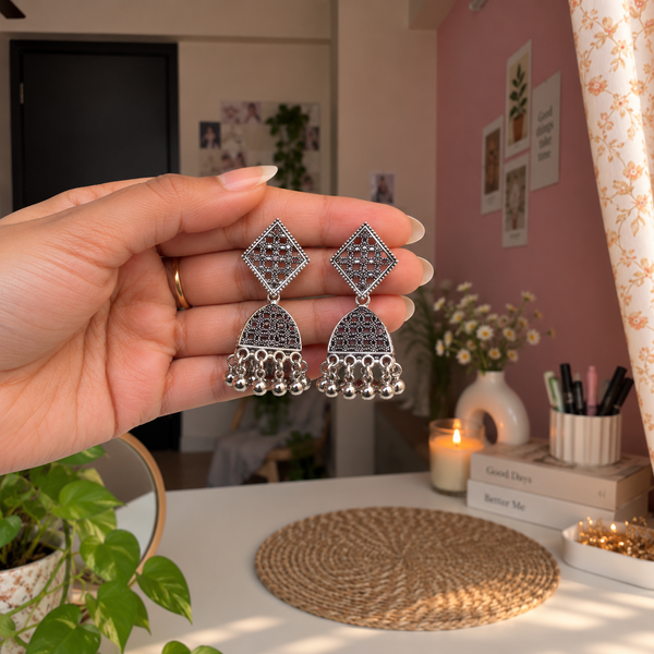 Oxidized Geometric Bell Earrings