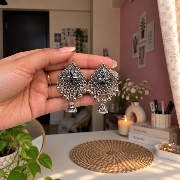 Oxidized Diamond Shape Jhumka Earrings