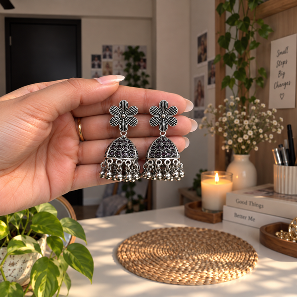 Oxidized Floral Jhumka Earrings