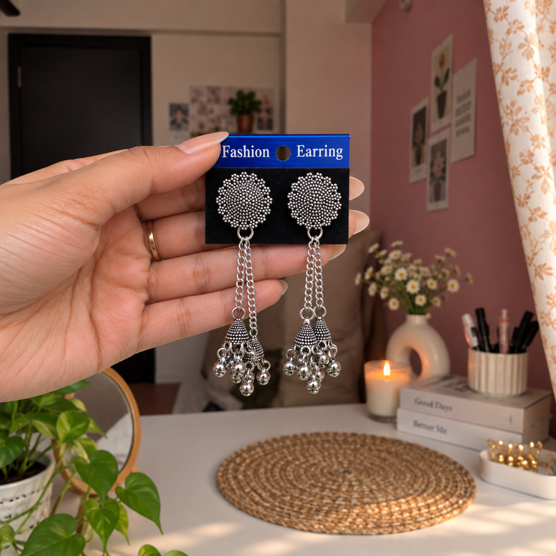 Oxidized Long Chain Jhumka Earrings