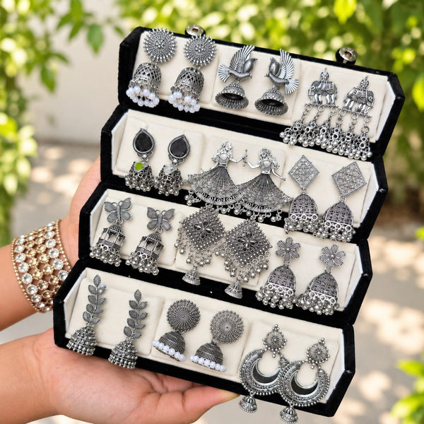 Oxidized Silver Jhumka Earrings Gift Box - Set of 16 Pairs
